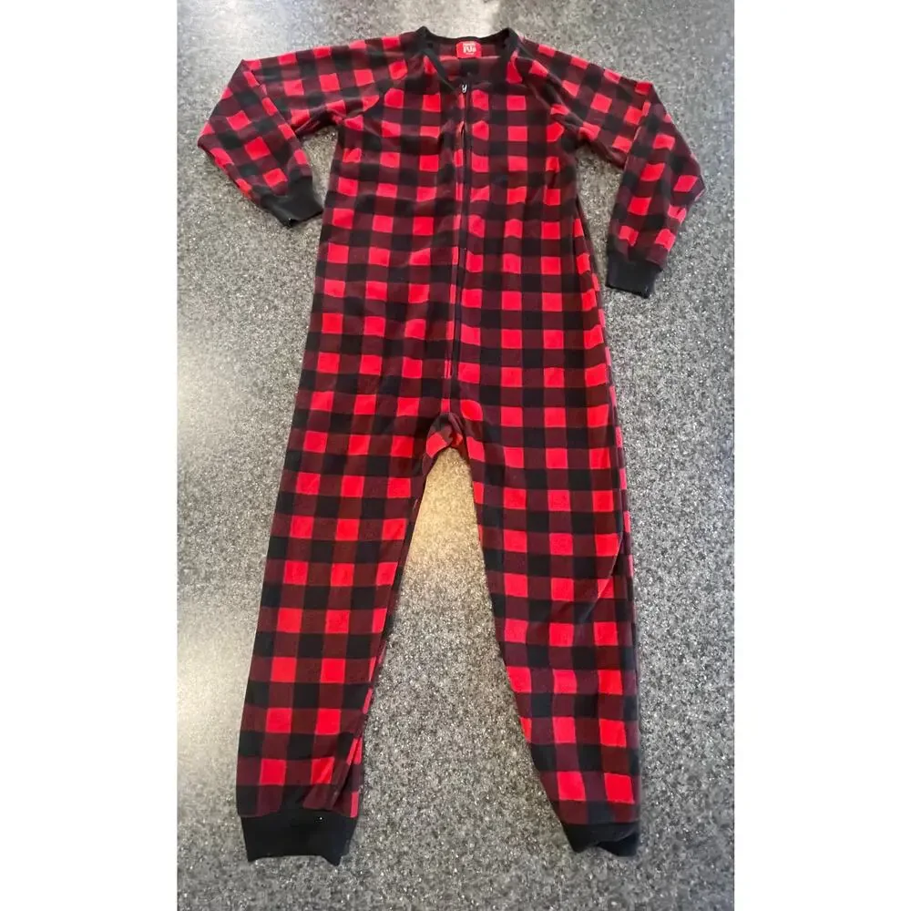 Pajamas PJs Kids M 8 Flannel One-Piece Red Black Buffalo Plaid Zip Macy's